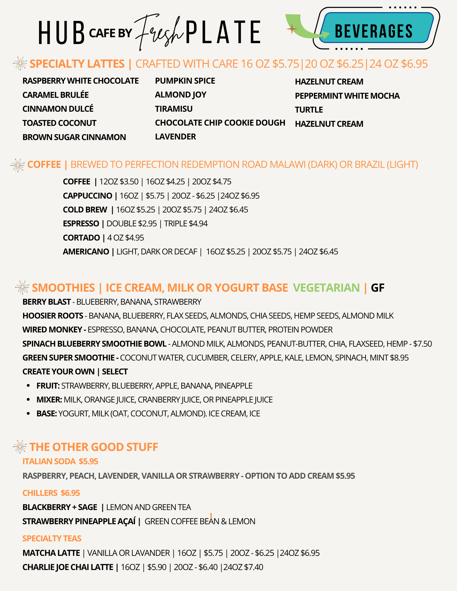 Fall Menu Fresh Plate HUB Bverages