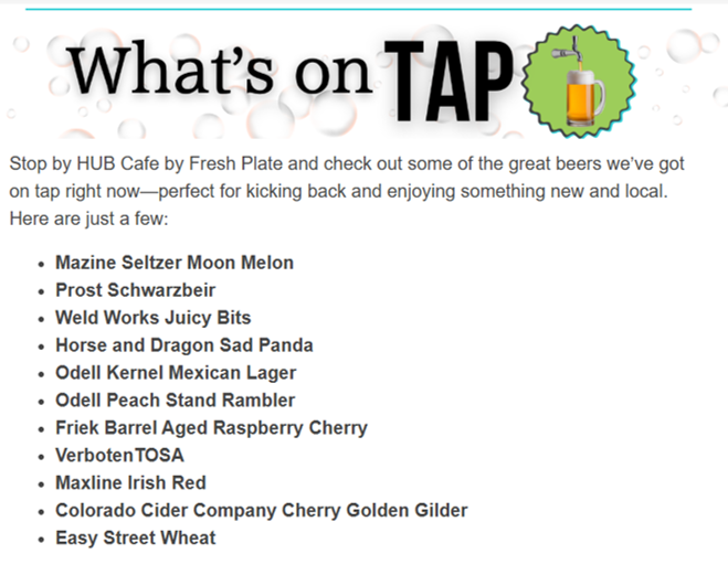 whats on tap june Hub cafe by fresh plate