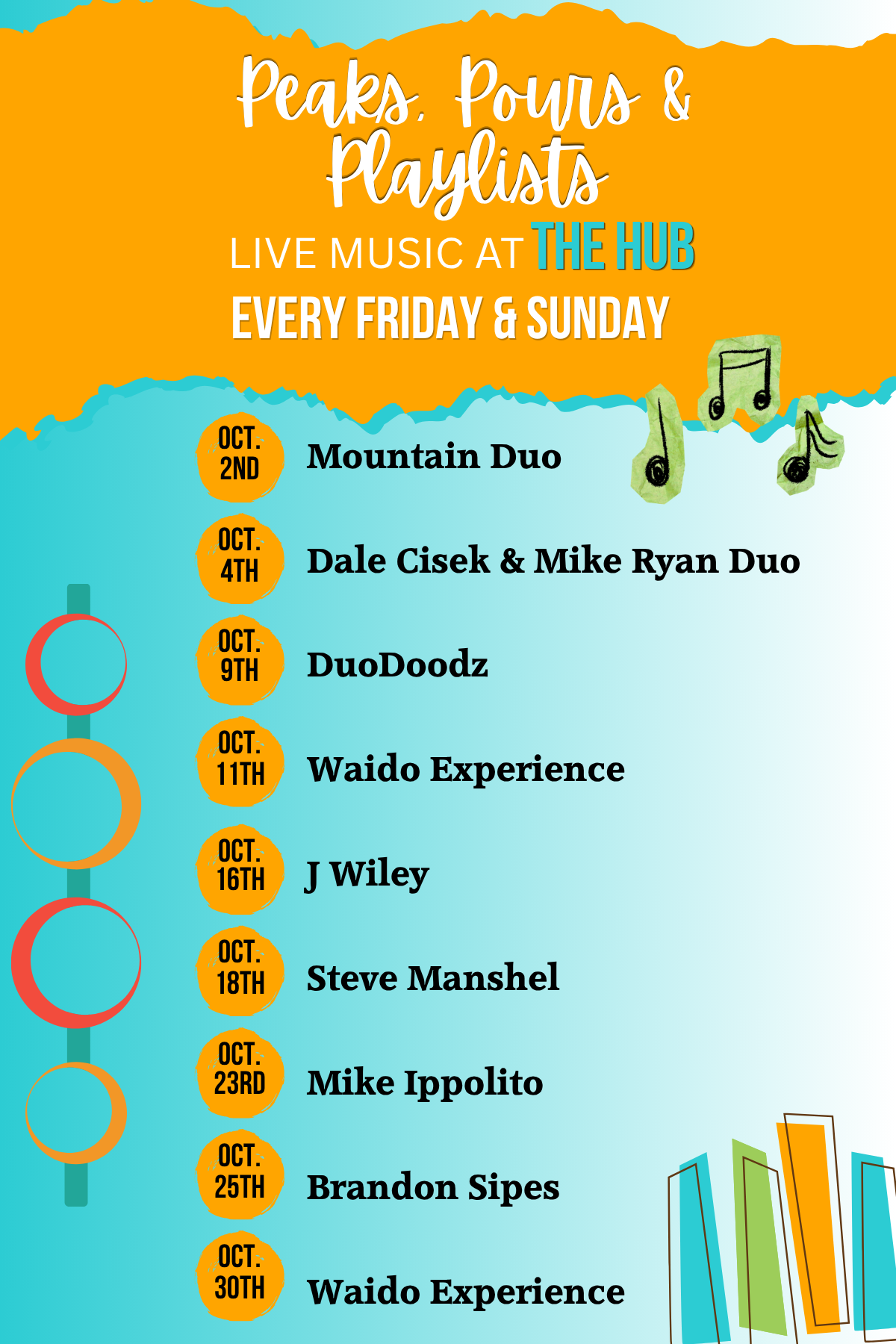 Peaks, Pours, and Playlists Join us every Friday from 4-7pm AND Sunday from 1:30-4:30pm for amazing live music. Enjoy some delicious food, a beer or wine, and a killer view while listening to the best musicians in Northern Colorado